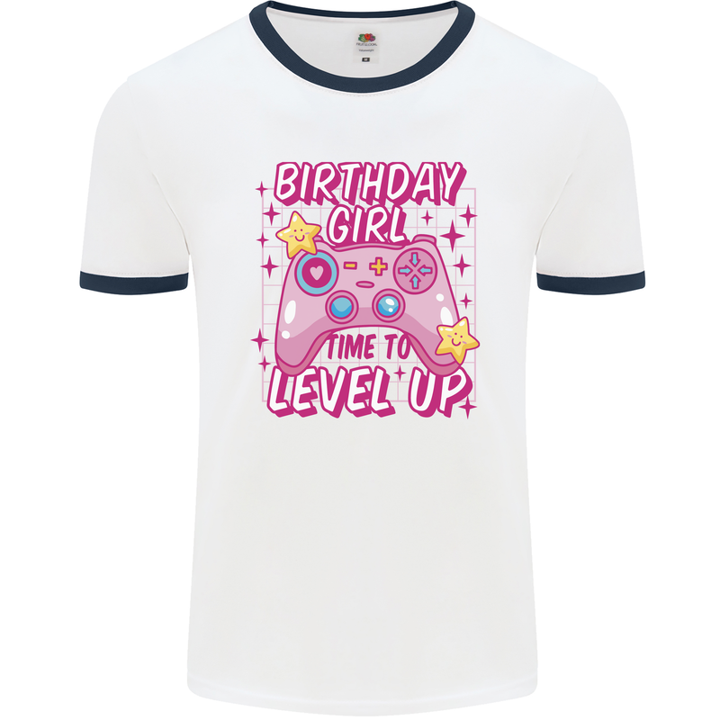 Birthday Girl Level Up Gaming Gamer 6th 7th 8th Mens Ringer T-Shirt White/Navy Blue