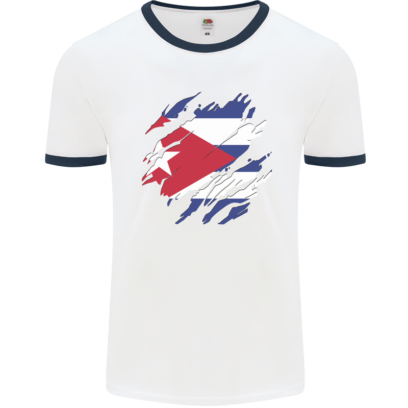 Torn Cuba Flag Cuban Day Football Mens Ringer T-Shirt White/Navy Blue