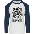 Muay Thai Fighter Warrior MMA Martial Arts Mens L/S Baseball T-Shirt White/Navy Blue