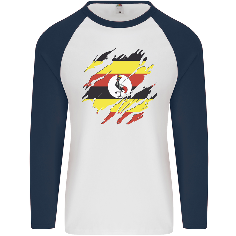 Torn Uganda Flag Ugandan Day Football Mens L/S Baseball T-Shirt White/Navy Blue