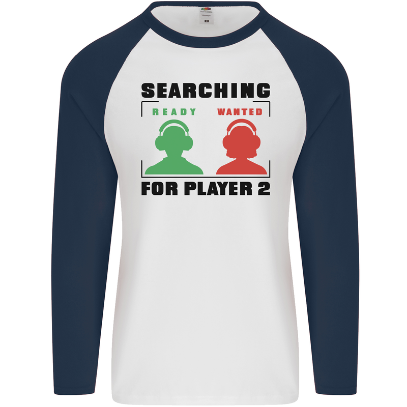 Player Two Wanted Funny Singles Day Gamer Mens L/S Baseball T-Shirt White/Navy Blue