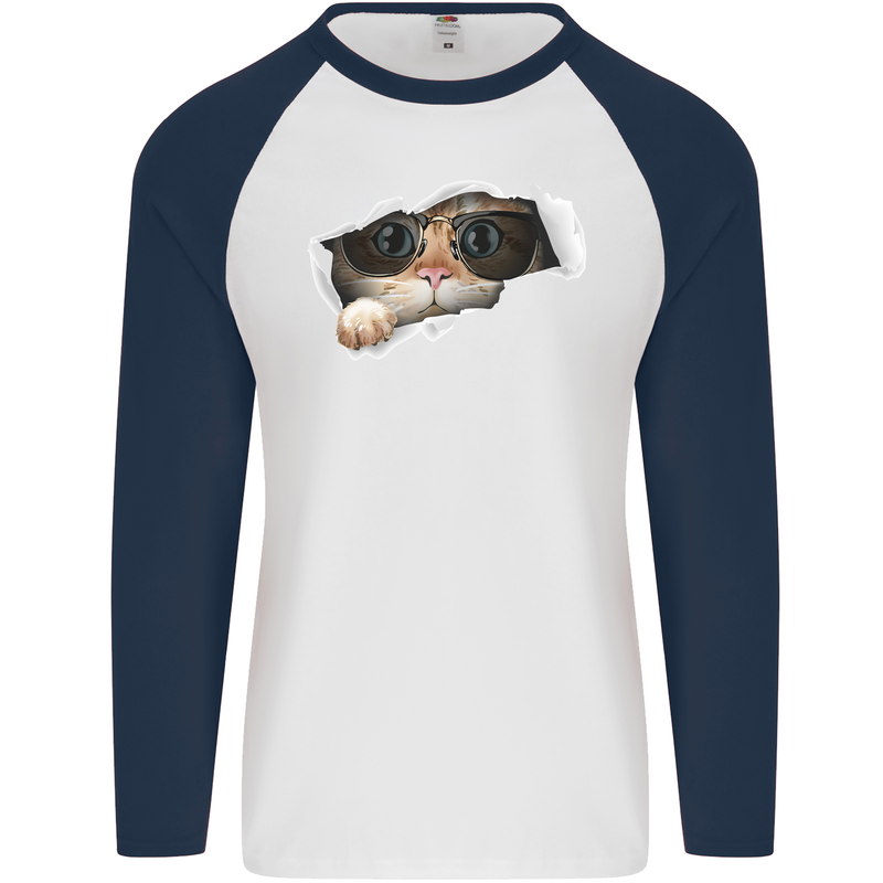 A Funny Cat Peeking From a Ripped Top Mens L/S Baseball T-Shirt White/Navy Blue