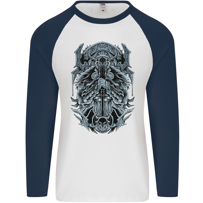 Viking God Odin Valhalla Norse Warrior Mens L/S Baseball T-Shirt White/Navy Blue