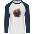 The Flag of New Zealand Fire Effect Kiwi Mens L/S Baseball T-Shirt White/Navy Blue