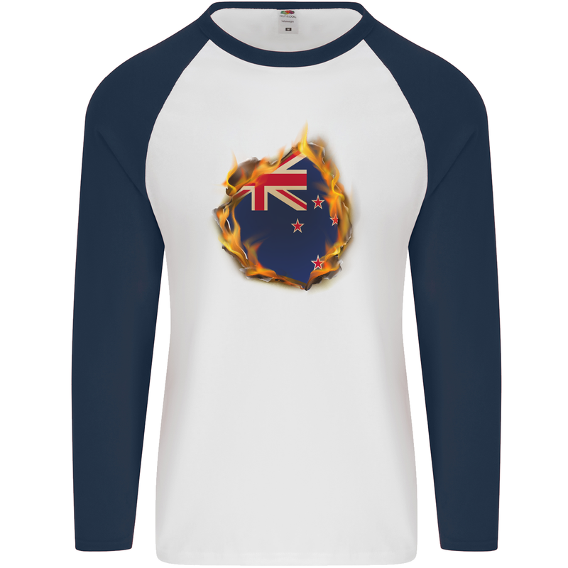 The Flag of New Zealand Fire Effect Kiwi Mens L/S Baseball T-Shirt White/Navy Blue