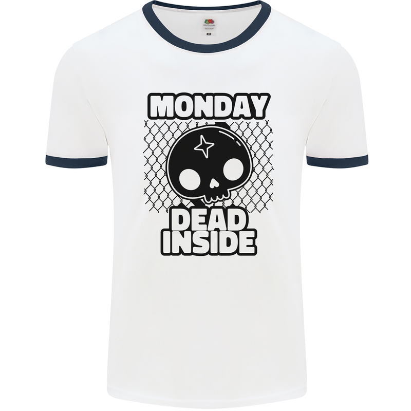 Monday Dead Inside Skull Work Mens Ringer T-Shirt White/Navy Blue