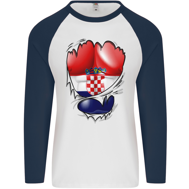 Gym Croatian Flag Ripped Muscles Croatia Mens L/S Baseball T-Shirt White/Navy Blue