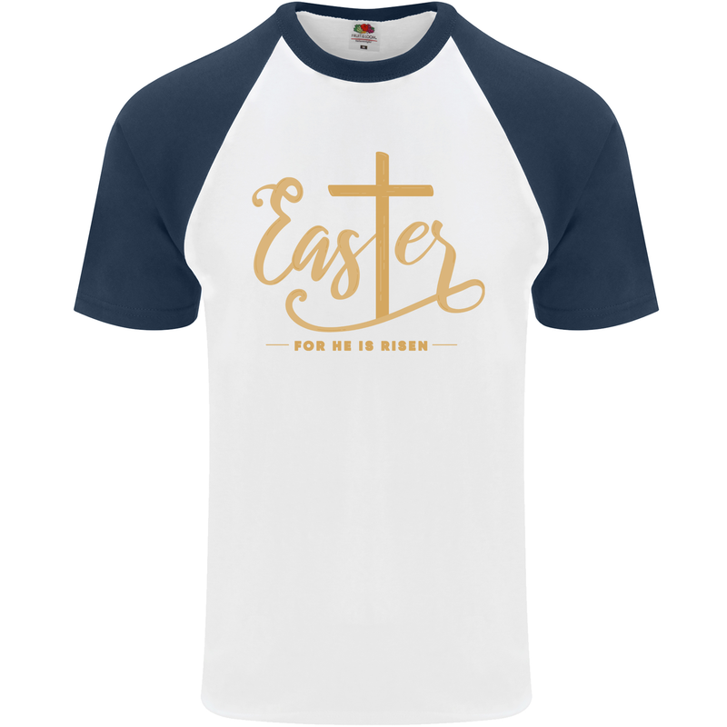 Easter For He is Risen Christian Christianity Jesus Mens S/S Baseball T-Shirt White/Navy Blue