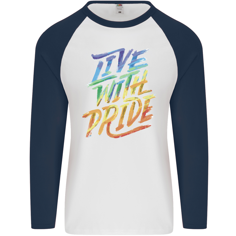Live With Pride LGBT Gay Pride Mens L/S Baseball T-Shirt White/Navy Blue