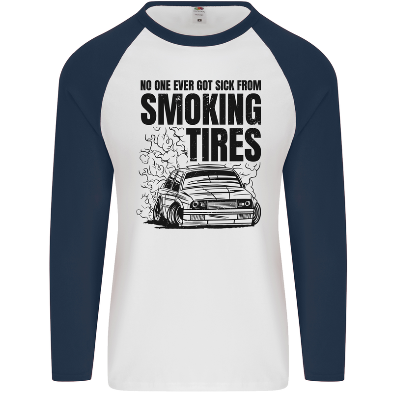 Car Drifting Burning Tires Mens L/S Baseball T-Shirt White/Navy Blue