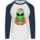 Christmas Alien UFO Santa Space Ship Funny Mens L/S Baseball T-Shirt White/Navy Blue