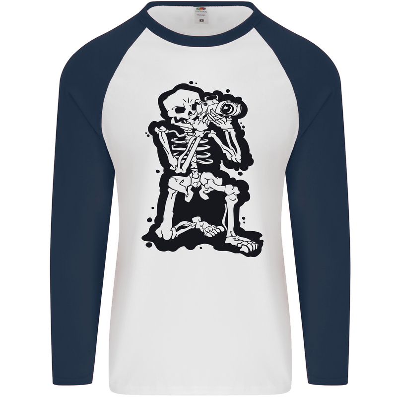 A Skeleton Photographer Photography Mens L/S Baseball T-Shirt White/Navy Blue