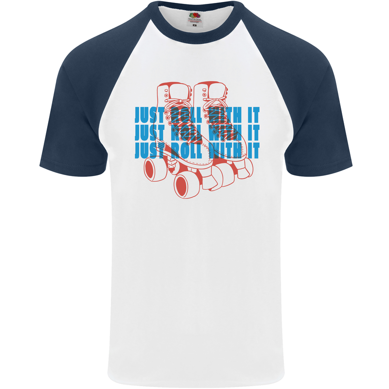 Roller Skating Just Roll With It Boots Mens S/S Baseball T-Shirt White/Navy Blue