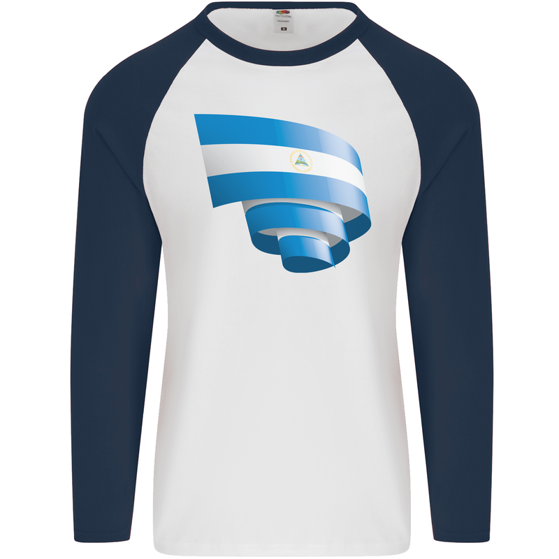 Curled Nicaragua Flag Nicaraguan Day Football Mens L/S Baseball T-Shirt White/Navy Blue