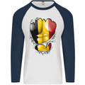 Gym Belgian Flag Ripped Muscles Belgium Mens L/S Baseball T-Shirt White/Navy Blue