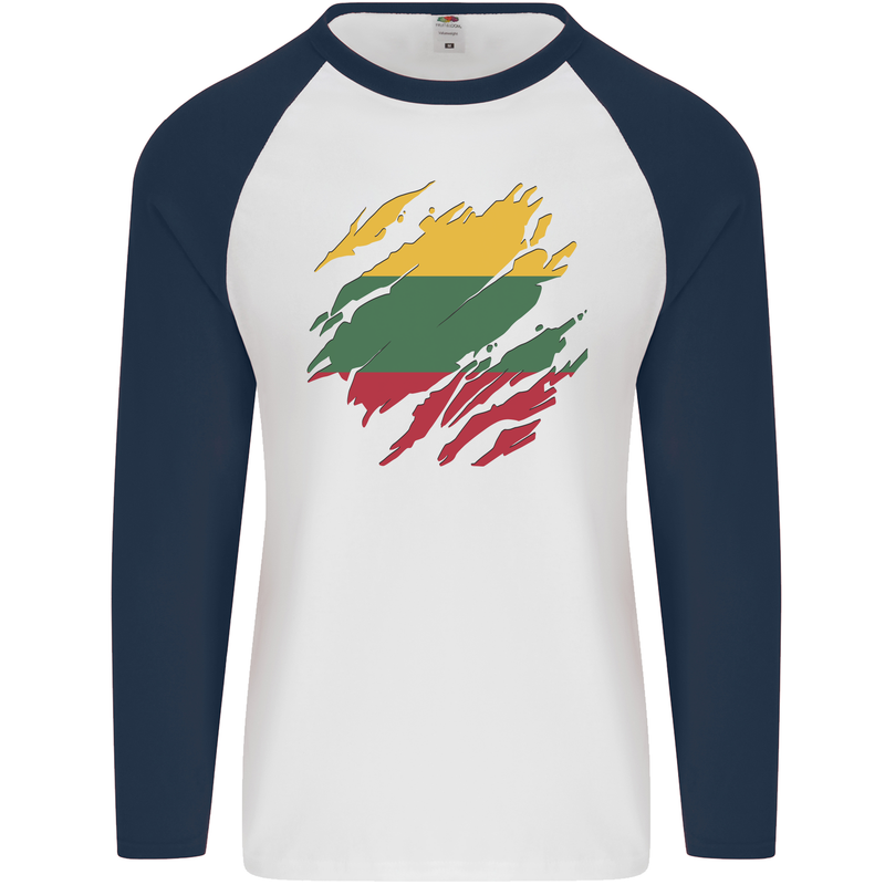 Torn Lithuania Flag Lithuania Day Football Mens L/S Baseball T-Shirt White/Navy Blue