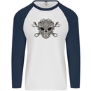 Engine Skull Mechanic Car Biker Motorbike Mens L/S Baseball T-Shirt White/Navy Blue