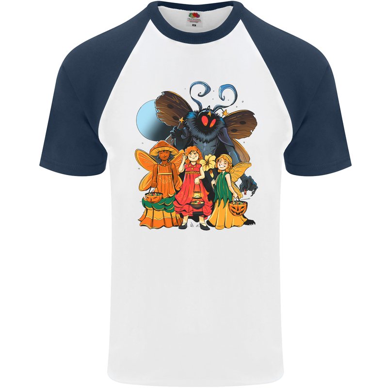 Mothman With Fairies Mens S/S Baseball T-Shirt White/Navy Blue