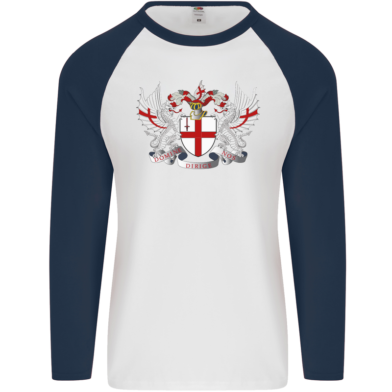 London Coat of Arms England St Georges Day Mens L/S Baseball T-Shirt White/Navy Blue