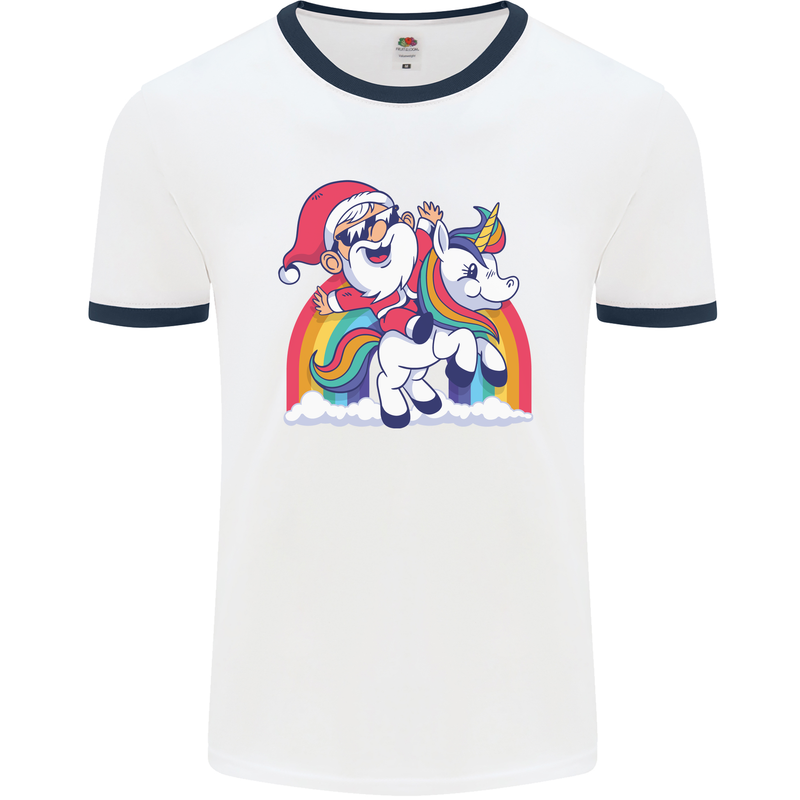Christmas Santa Claus On a Unicorn Xmas Mens Ringer T-Shirt White/Navy Blue