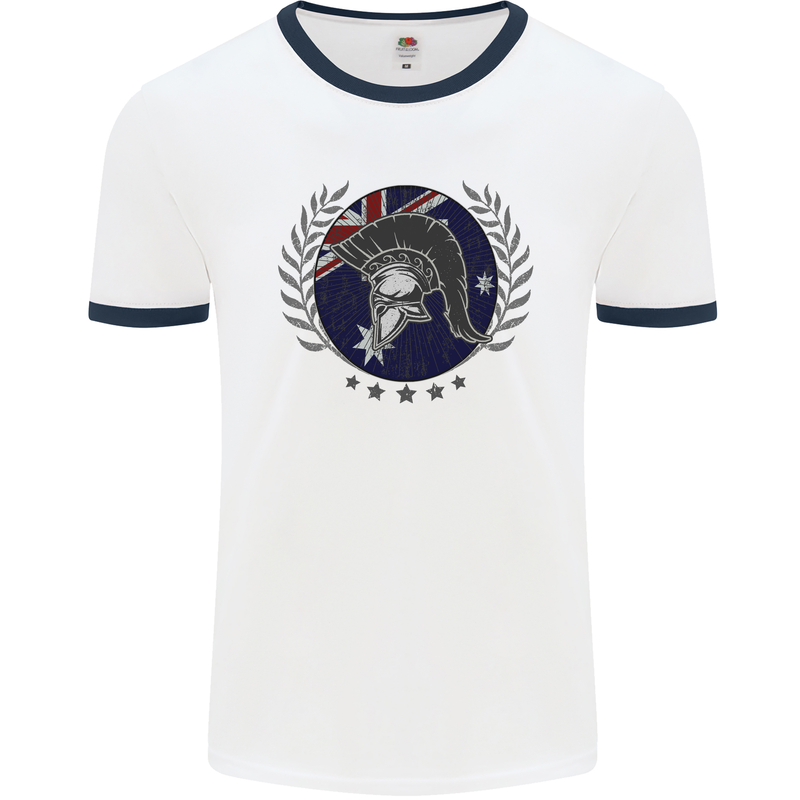 Australian Bodybuilding Flag Gym Training Spartan Mens Ringer T-Shirt White/Navy Blue