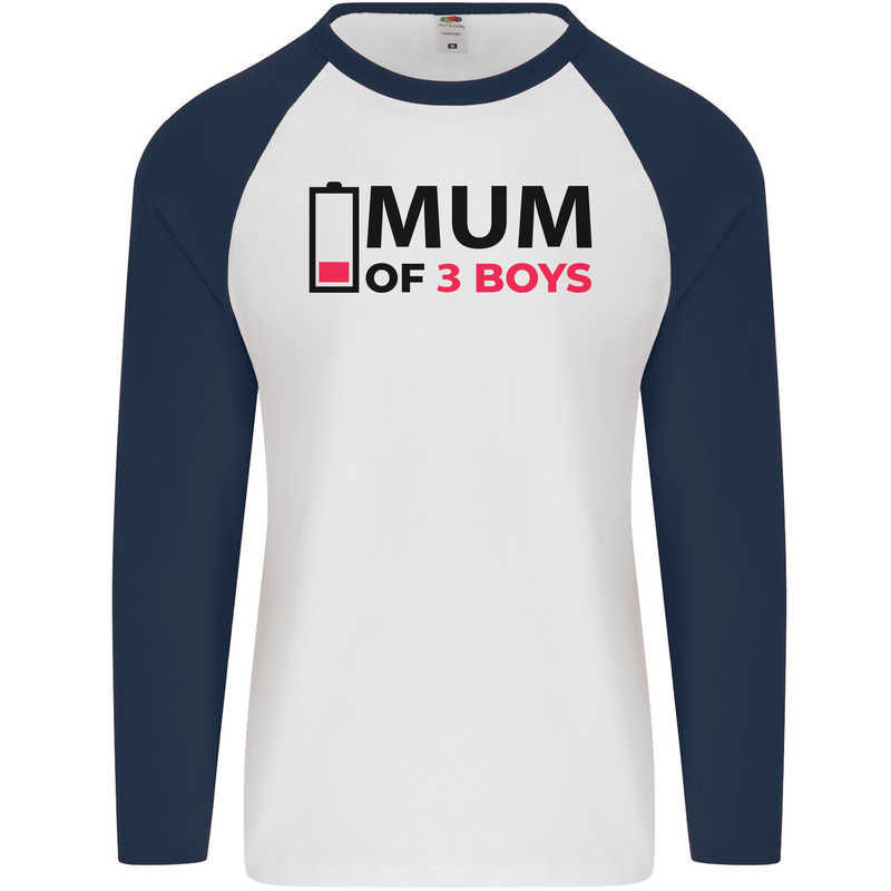 Mum of Three Boys Funny Mother's Day Mens L/S Baseball T-Shirt White/Navy Blue