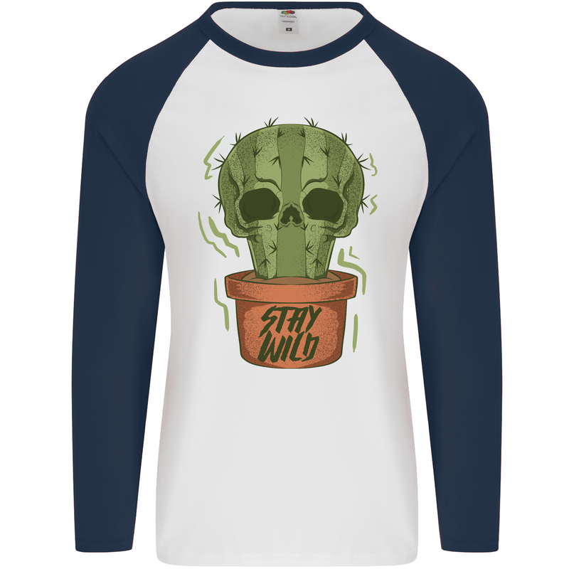 Cactus Skull Gardening Gardener Plants Mens L/S Baseball T-Shirt White/Navy Blue