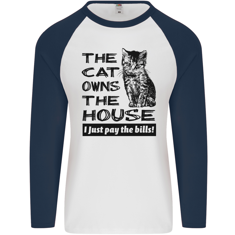 The Cat Owns the House Funny Kitten Mens L/S Baseball T-Shirt White/Navy Blue