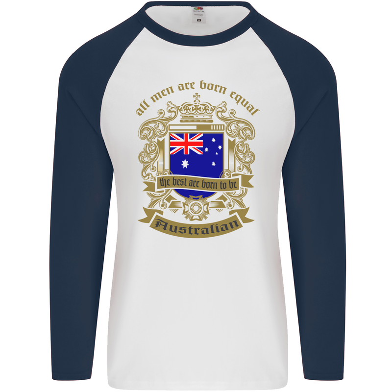 All Men Are Born Equal Australian Australia Mens L/S Baseball T-Shirt White/Navy Blue