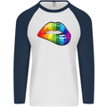 LGBT Bitten Lip Gay Pride Day Mens L/S Baseball T-Shirt White/Navy Blue