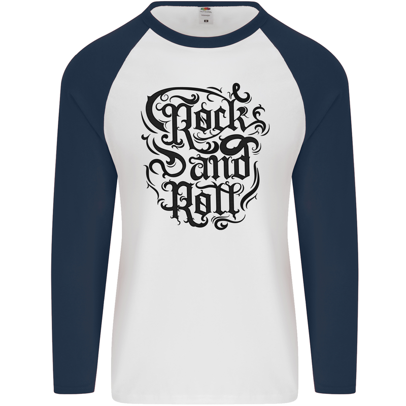 Rock and Roll Music Mens L/S Baseball T-Shirt White/Navy Blue