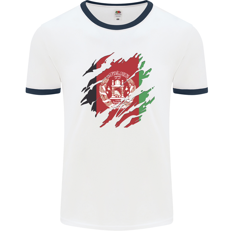 Torn Afghanistan Flag Afghan Day Football Mens Ringer T-Shirt White/Navy Blue