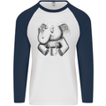 An Elephant Drinking Coffee Mens L/S Baseball T-Shirt White/Navy Blue