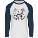 An Elephant Drinking Coffee Mens L/S Baseball T-Shirt White/Navy Blue