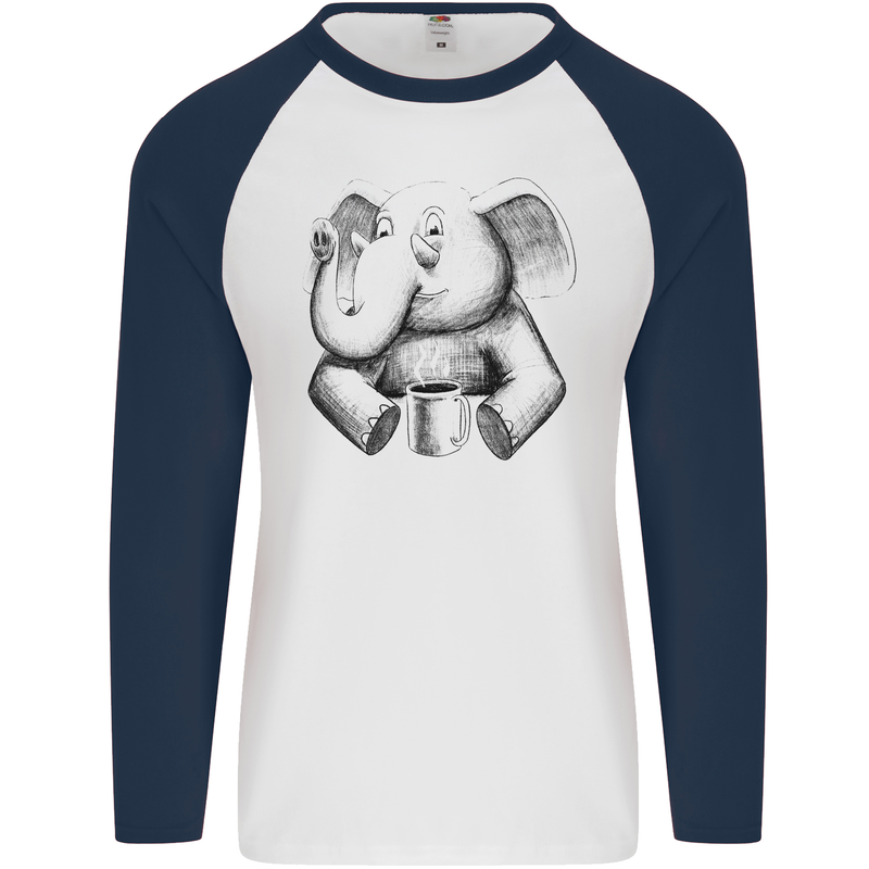 An Elephant Drinking Coffee Mens L/S Baseball T-Shirt White/Navy Blue
