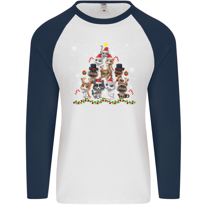 Christmas Cat Tree Funny Xmas Mens L/S Baseball T-Shirt White/Navy Blue