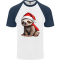 A Cute Christmas Sloth With Xmas Hat on Mens S/S Baseball T-Shirt White/Navy Blue