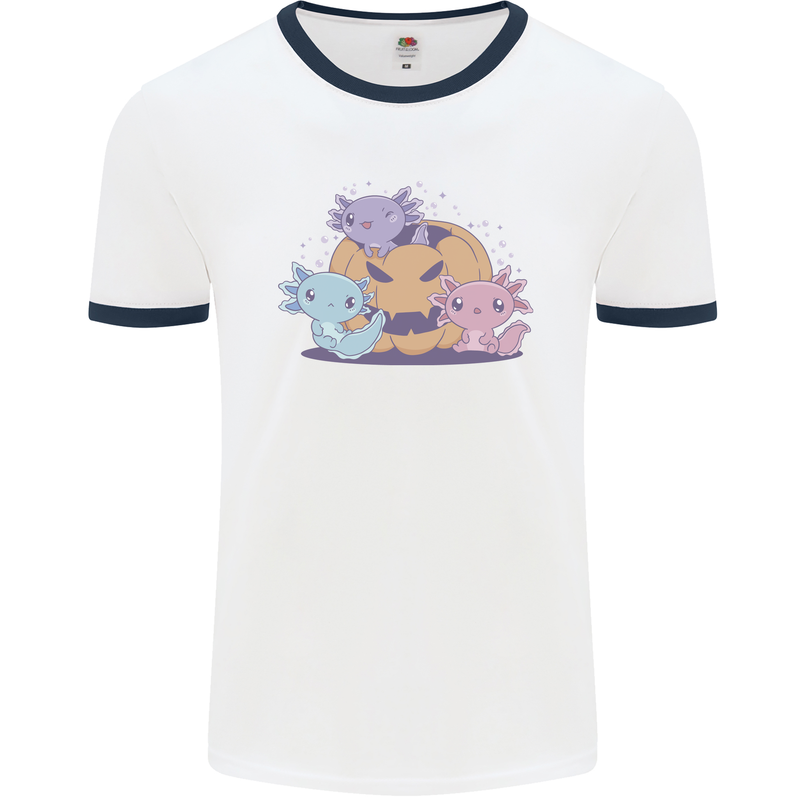 Axolottle Pumpkin Cute Halloween Kawaii Mens Ringer T-Shirt White/Navy Blue