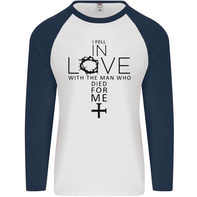 In Love With the Cross Christian Christ Mens L/S Baseball T-Shirt White/Navy Blue