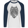 Pitbull Mandala Art Dog Lover Mens L/S Baseball T-Shirt White/Navy Blue