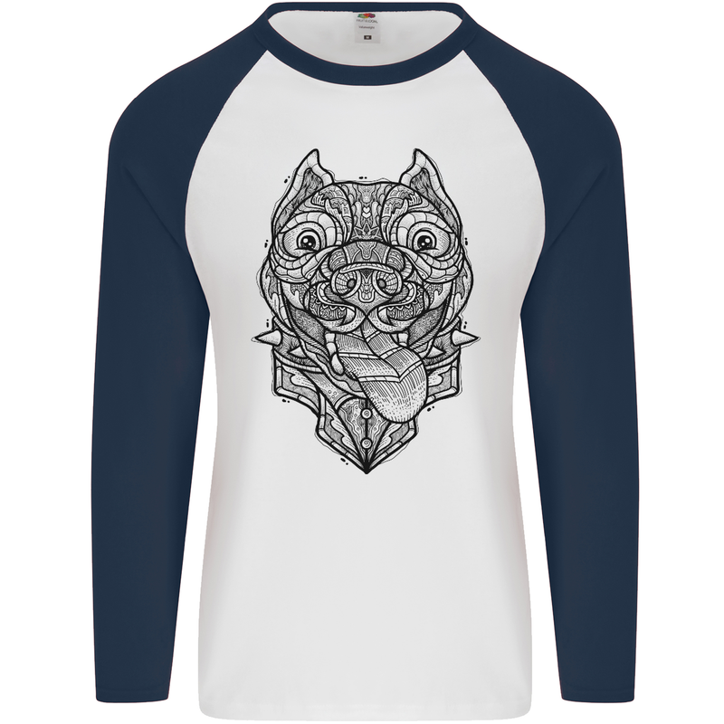 Pitbull Mandala Art Dog Lover Mens L/S Baseball T-Shirt White/Navy Blue