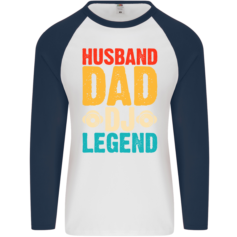 Husband Dad DJ Legend Fathers Day Mens L/S Baseball T-Shirt White/Navy Blue