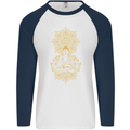 Mandala Buddha Art Mens L/S Baseball T-Shirt White/Navy Blue