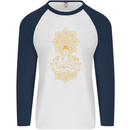 Mandala Buddha Art Mens L/S Baseball T-Shirt White/Navy Blue
