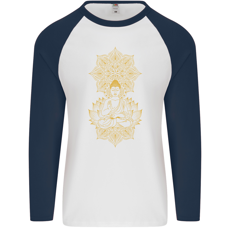 Mandala Buddha Art Mens L/S Baseball T-Shirt White/Navy Blue
