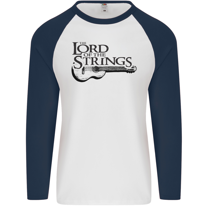 Lord of the Strings Guitarist Guitar Mens L/S Baseball T-Shirt White/Navy Blue