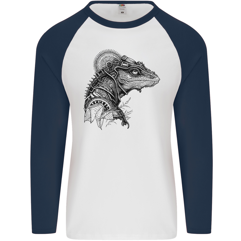 A Steampunk Iguana Lizard Reptiles Mens L/S Baseball T-Shirt White/Navy Blue