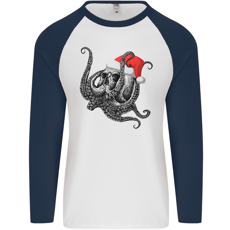 Christmas Cthulhu Skull Mens L/S Baseball T-Shirt White/Navy Blue