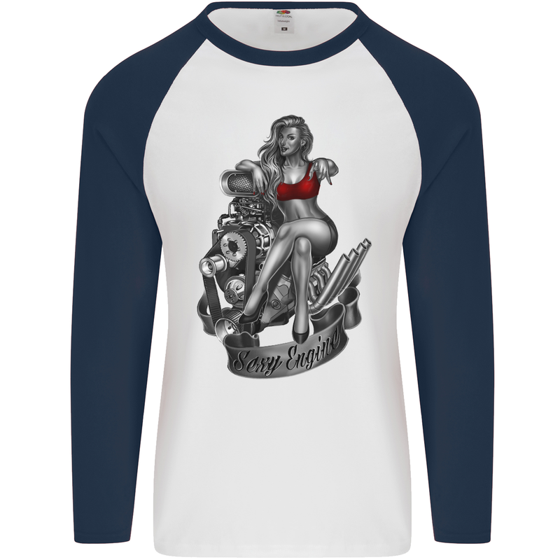 Sexy Engine Muscle Car Hot Rod Hotrod Mens L/S Baseball T-Shirt White/Navy Blue