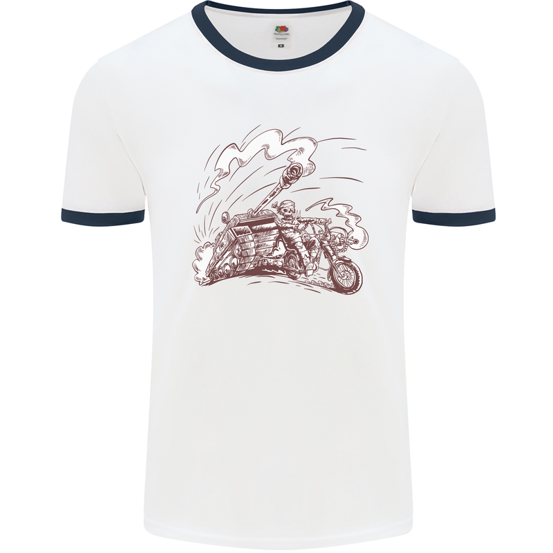 An Army Biker With Tank Skull Motorcycle Mens Ringer T-Shirt White/Navy Blue